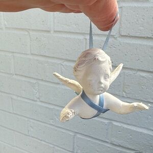 White Cherub Angel Ceramic Ornament W/Blue Ribbon for hanging on Christmas Tree